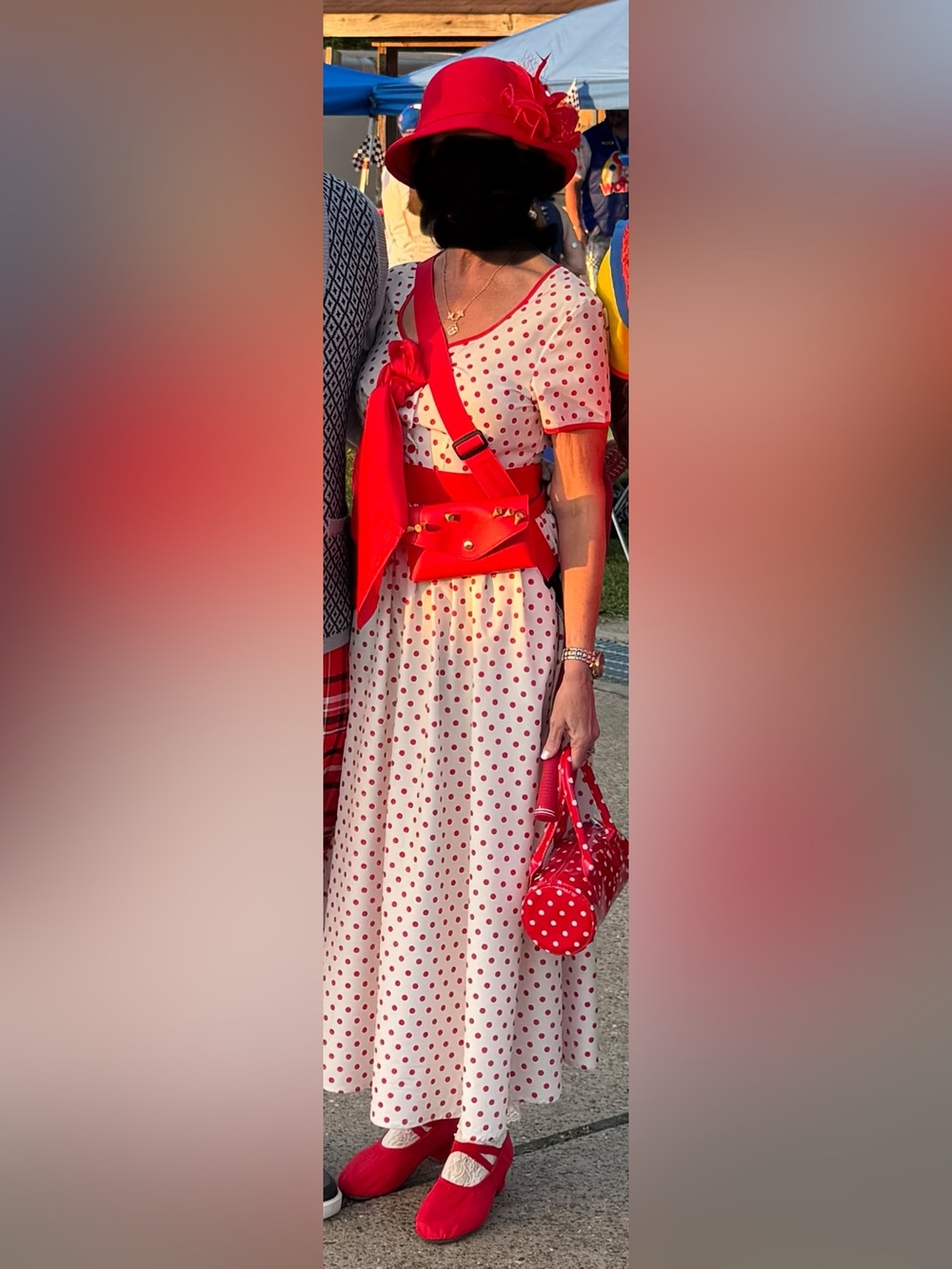 Red Polka Dot Maxi Dress with Red hat and purse